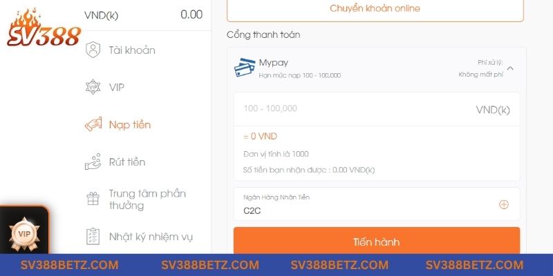 Giao diện nạp tiền SV388 qua QR của hệ thống ngân hàng